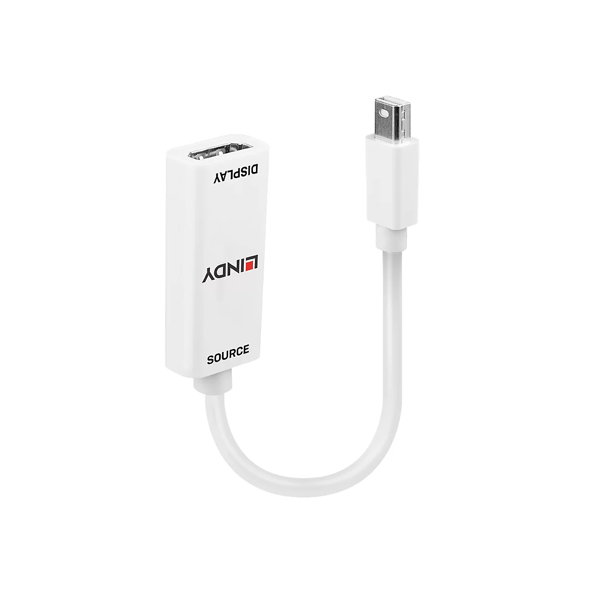 Weißer DisplayPort-Adapter mit Mini-DisplayPort-Stecker, Kabel und LINDY-Logo.