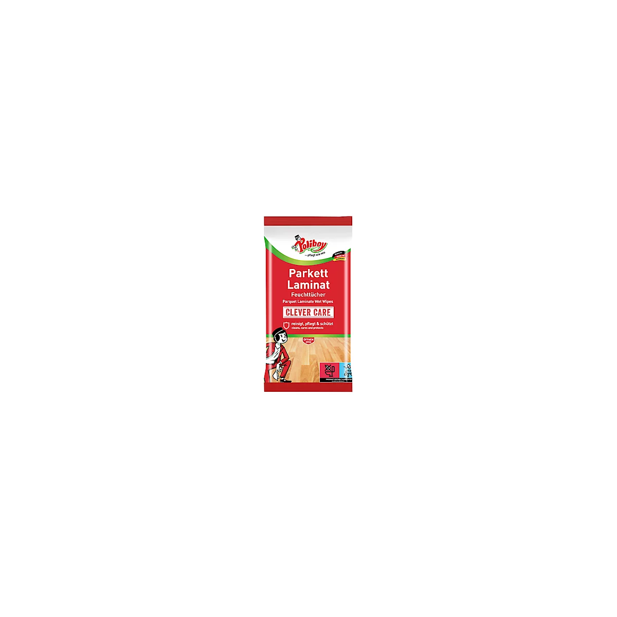 Lingettes humidifiées parquet/carrelage POLIBOY, avec huile de jojoba, ne laisse pas de trace, n'irrite pas la peau, 15 pièces