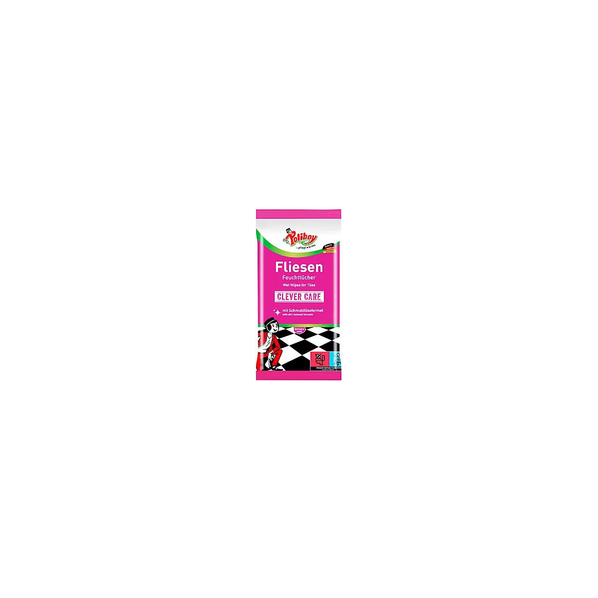 Lingettes humidifiées pour carrelage POLIBOY, formule anti-saleté ne laisse pas de trace, n'irrite pas la peau, PEFC, 15 pièces