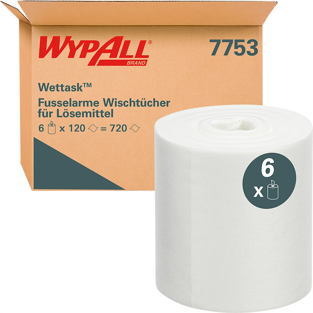 Lingettes Kimberly Clark WypAll® Wettask™ Low Lint, pour produits de nettoyage, absorbantes &amp; résistantes à la déchirure, 6 rouleaux de 120 lingettes, L 305 x l 150 mm, blanc