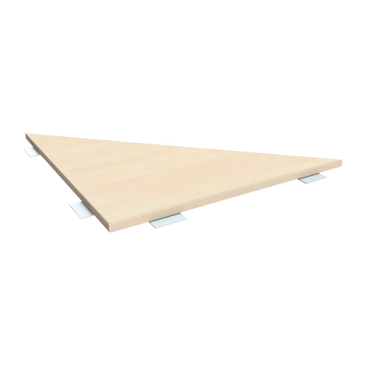 A triangular, light brown table with metal brackets, floating on a white background.