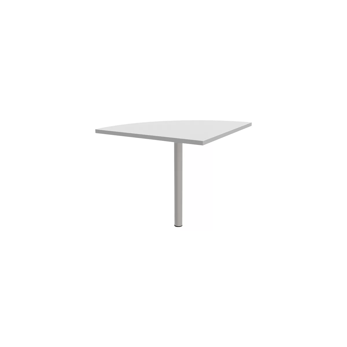 A white semi-circular table with a grey, cylindrical column and round foot, isolated on a white background.