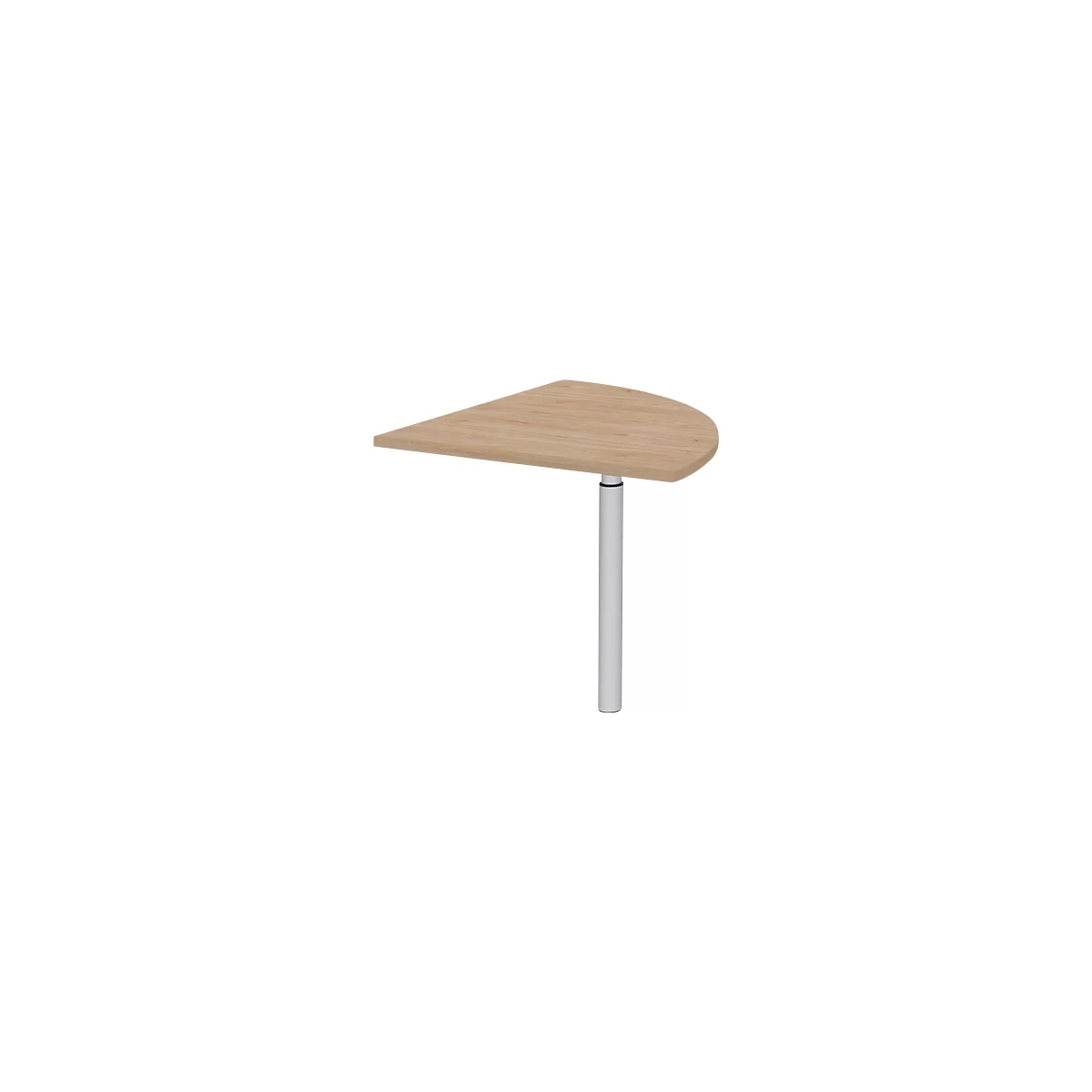 Semicircular wooden tabletop with white stand.