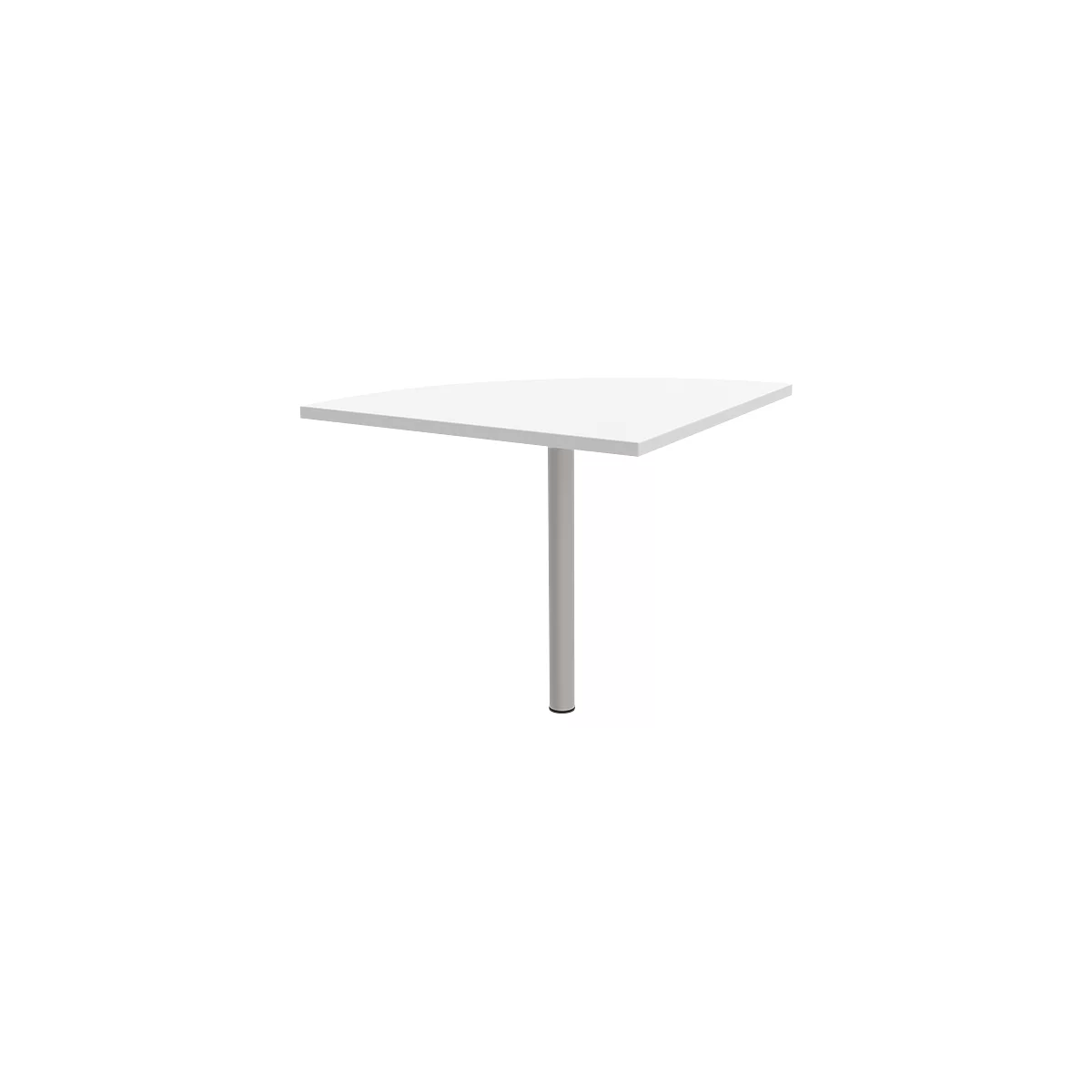 A white, triangular table on a silver stand against a white background.