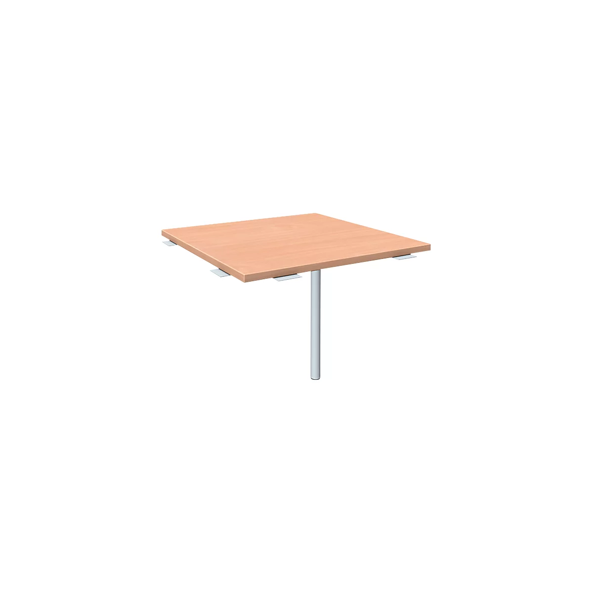 A square wooden table supported by a single white leg. White metal brackets are attached under the tabletop.