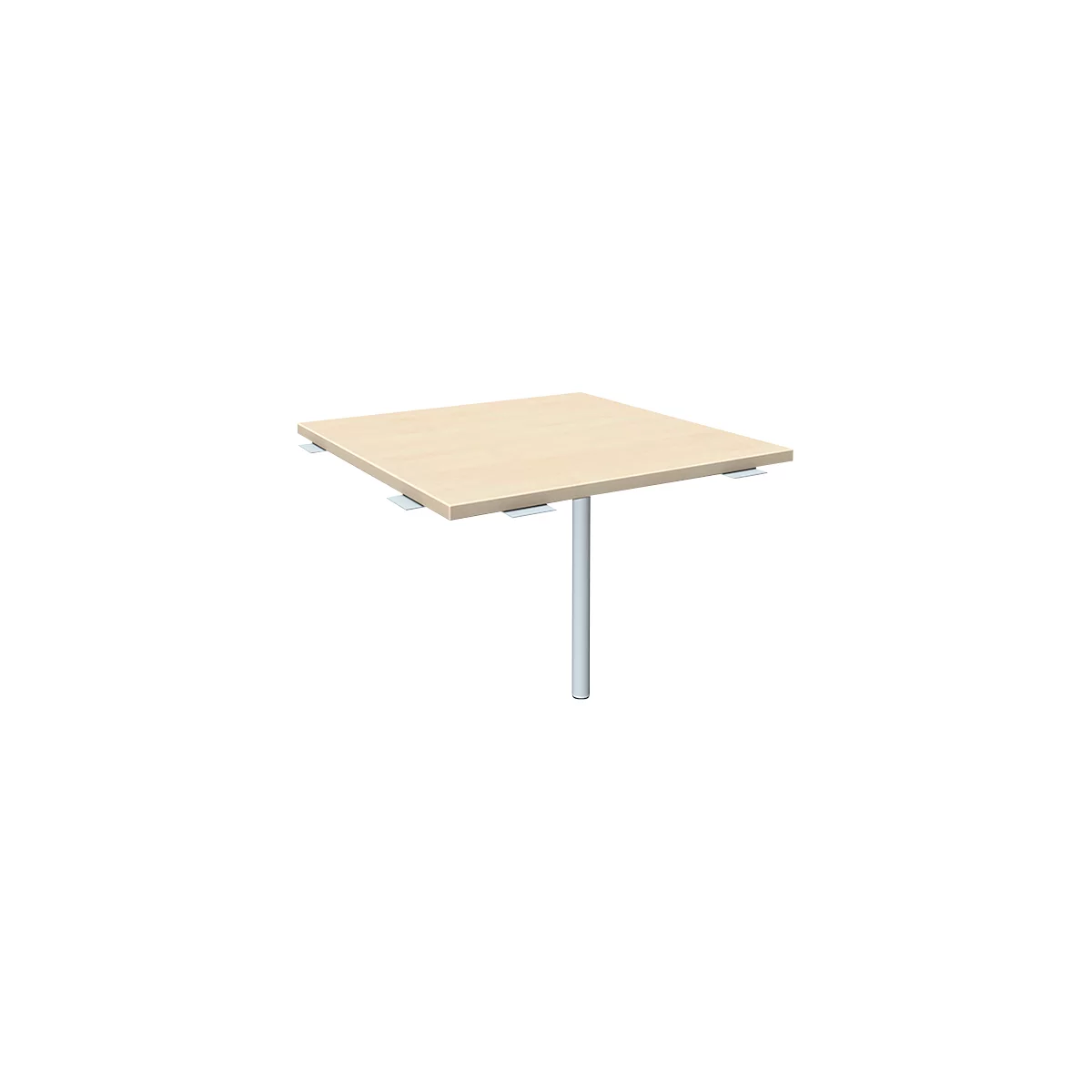 A square table with a light brown tabletop and a single, silver-colored leg. The tabletop is attached to metal brackets.