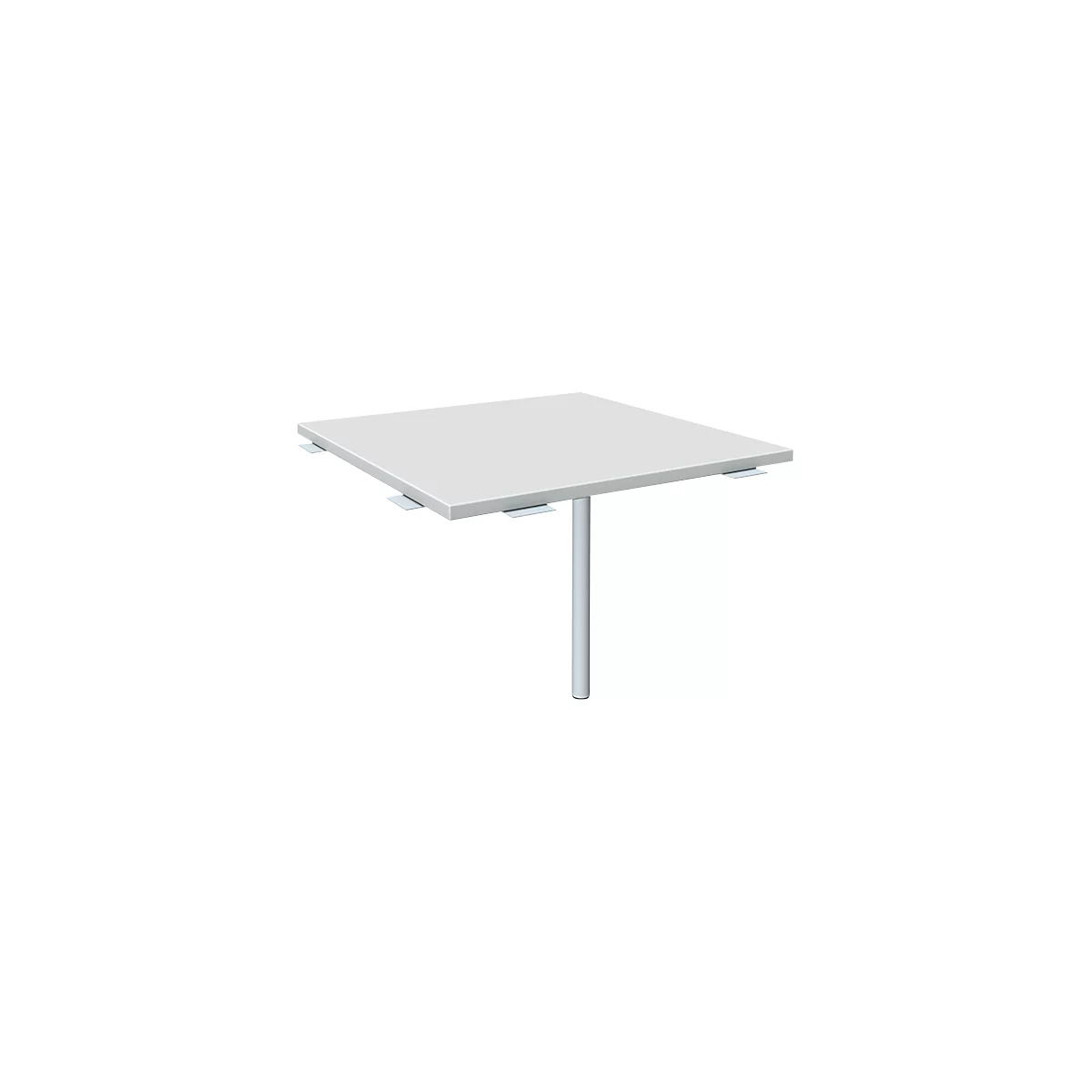 A white square table supported by a single, centrally placed leg.