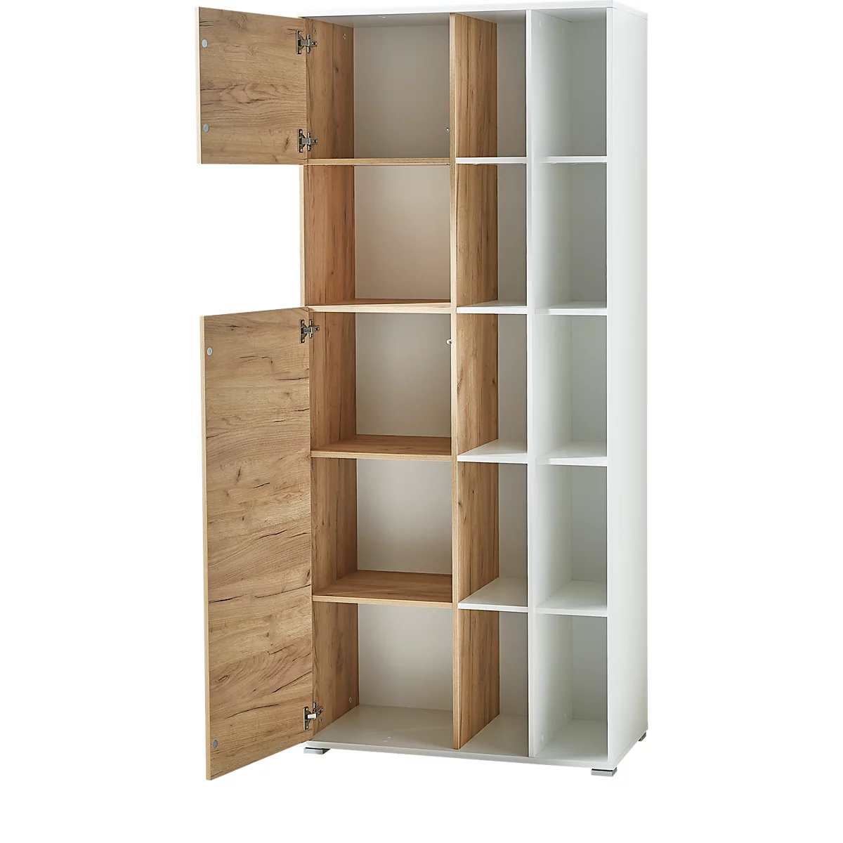 LIONI-rek, passend bij Home Office, hout, 2 vleugeldeuren, 4 gesloten en 11 open vakken, B 850 x D 400 x H 1970 mm, wit/eiken Navarra