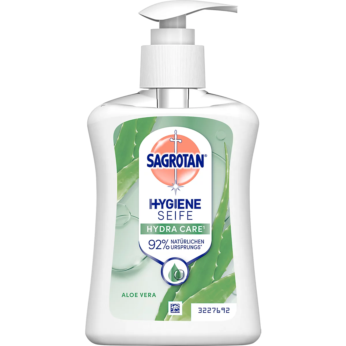 White Sagrotan hygiene soap, aloe vera, with dispenser. Inscription: 92% natural origin.