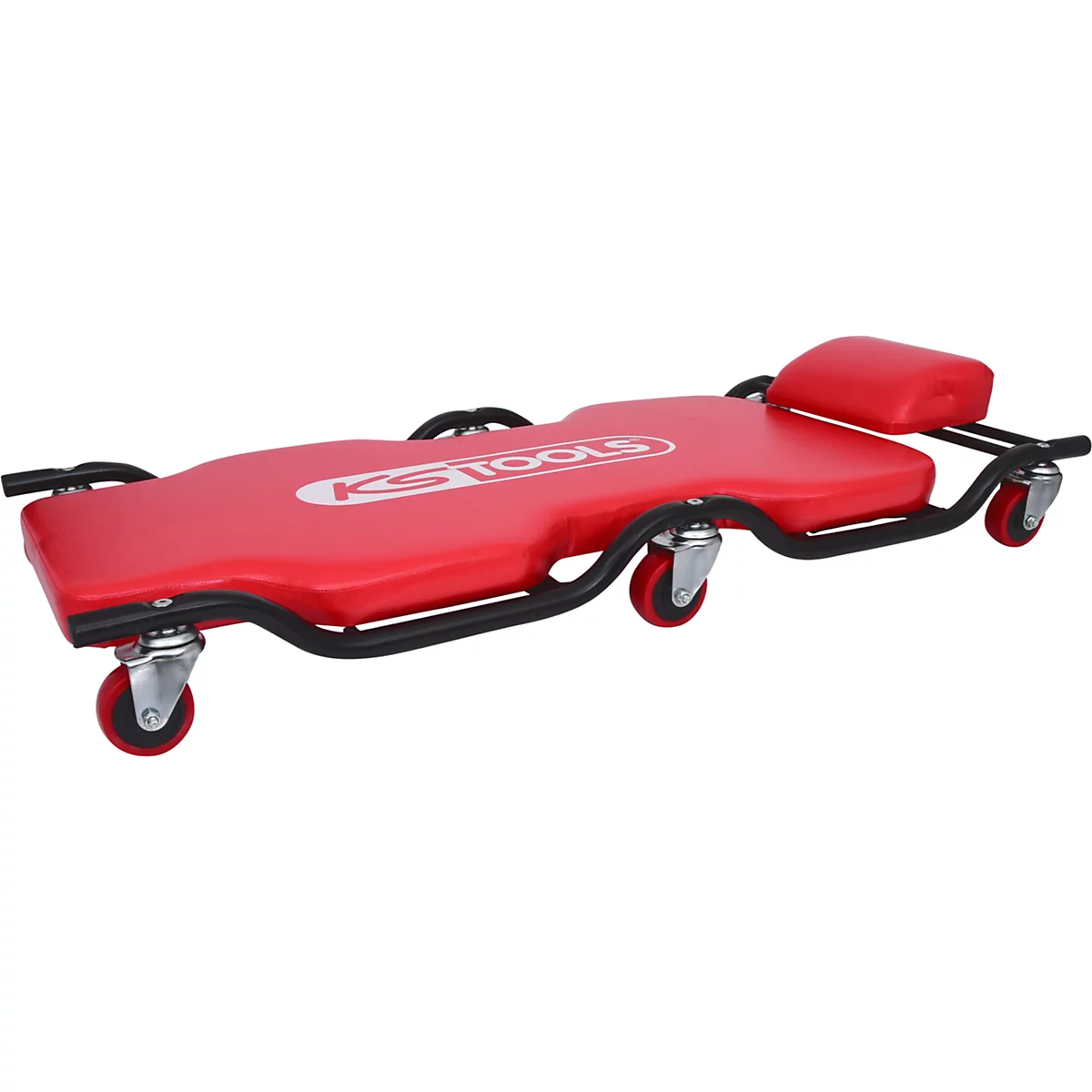 Chariot d'atelier rouge avec cadre noir et logo. Il est équipé de roues pour la mobilité et d'un appuie-tête.