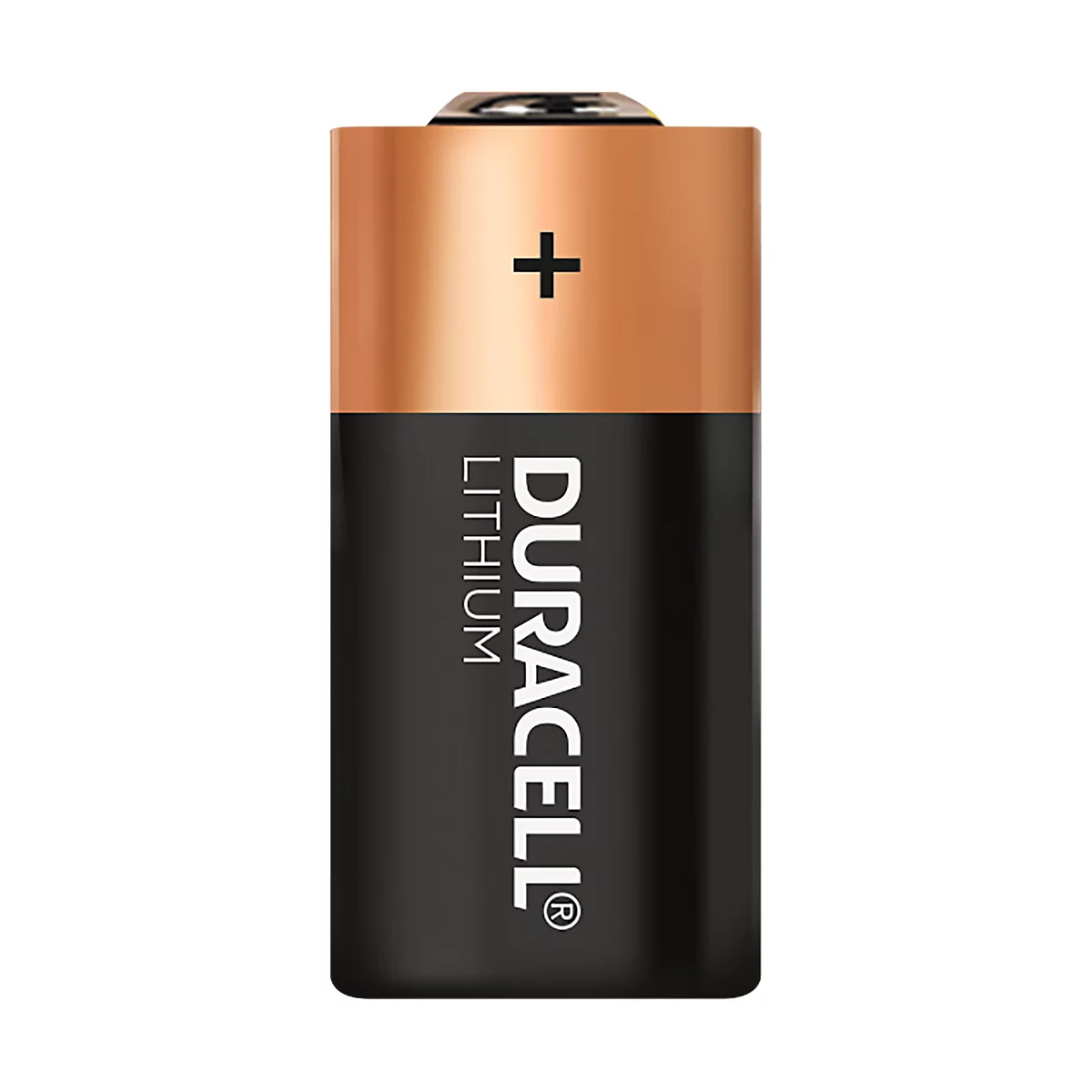 Cylindrical Duracell lithium battery with copper and black surfaces. The plus sign and the lettering "DURACELL LITHIUM" are visible.
