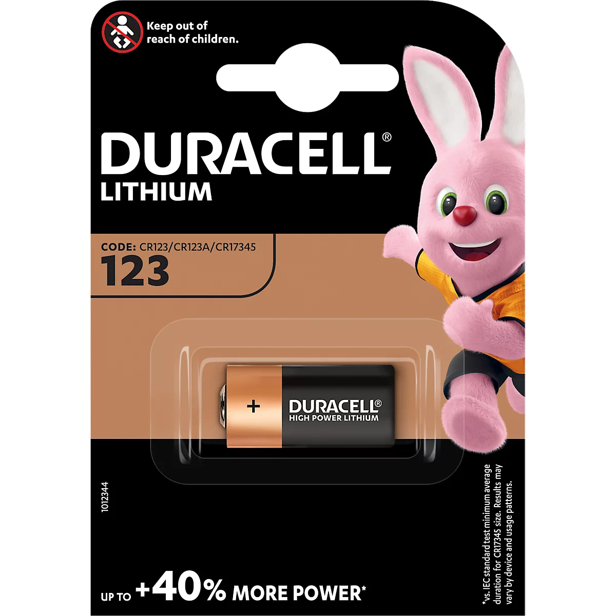 A Duracell lithium battery in packaging, next to the Duracell bunny.