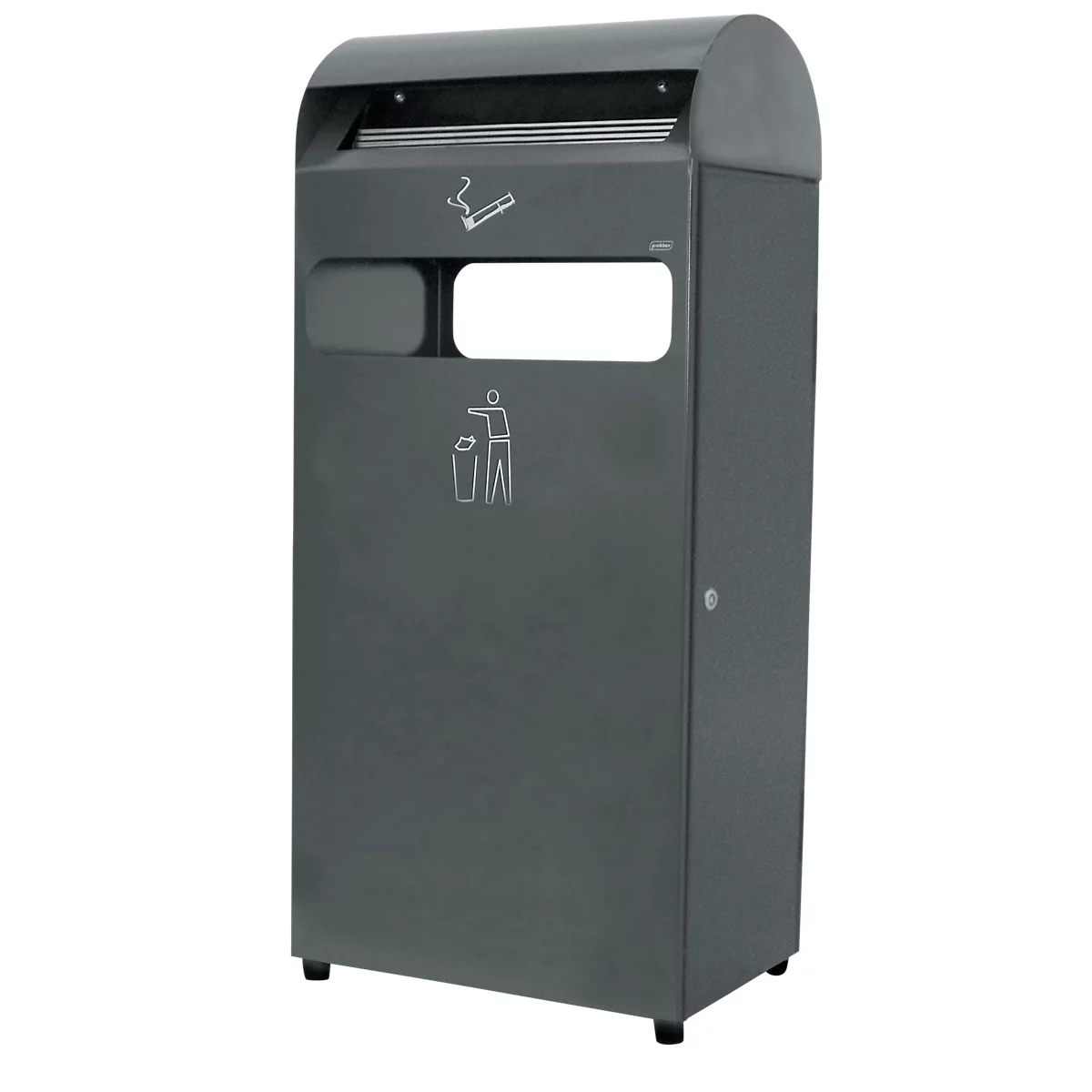 Grey, rectangular trash can with cigarette and trash symbols.