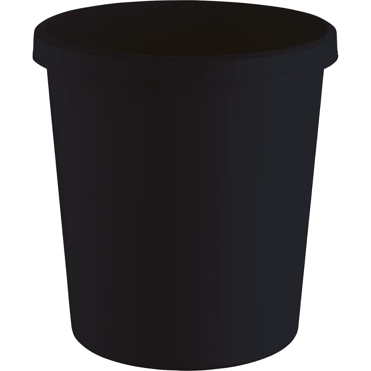 Black trash can. The cylindrical container has a narrow rim and stands against a white background.