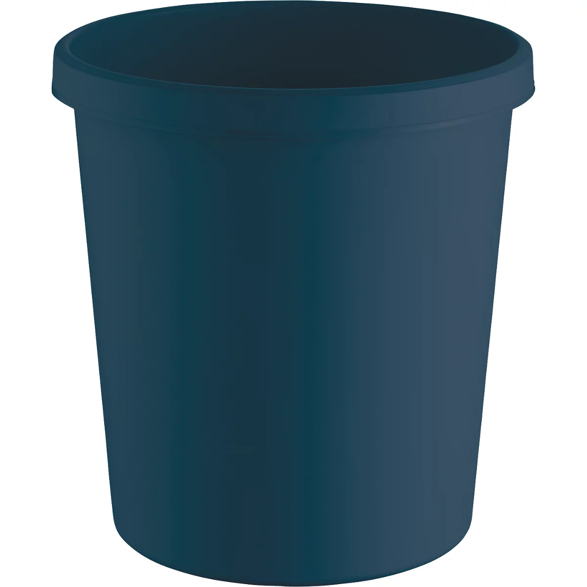 A dark blue trash can with rounded edges against a white background.