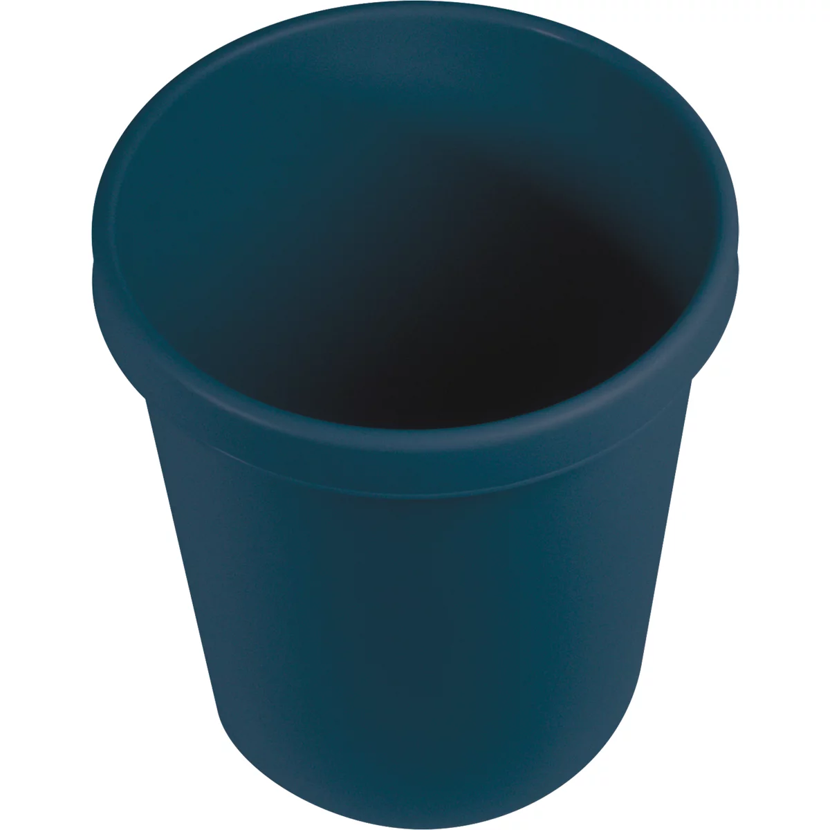 Blue waste paper basket, taken slightly from above.