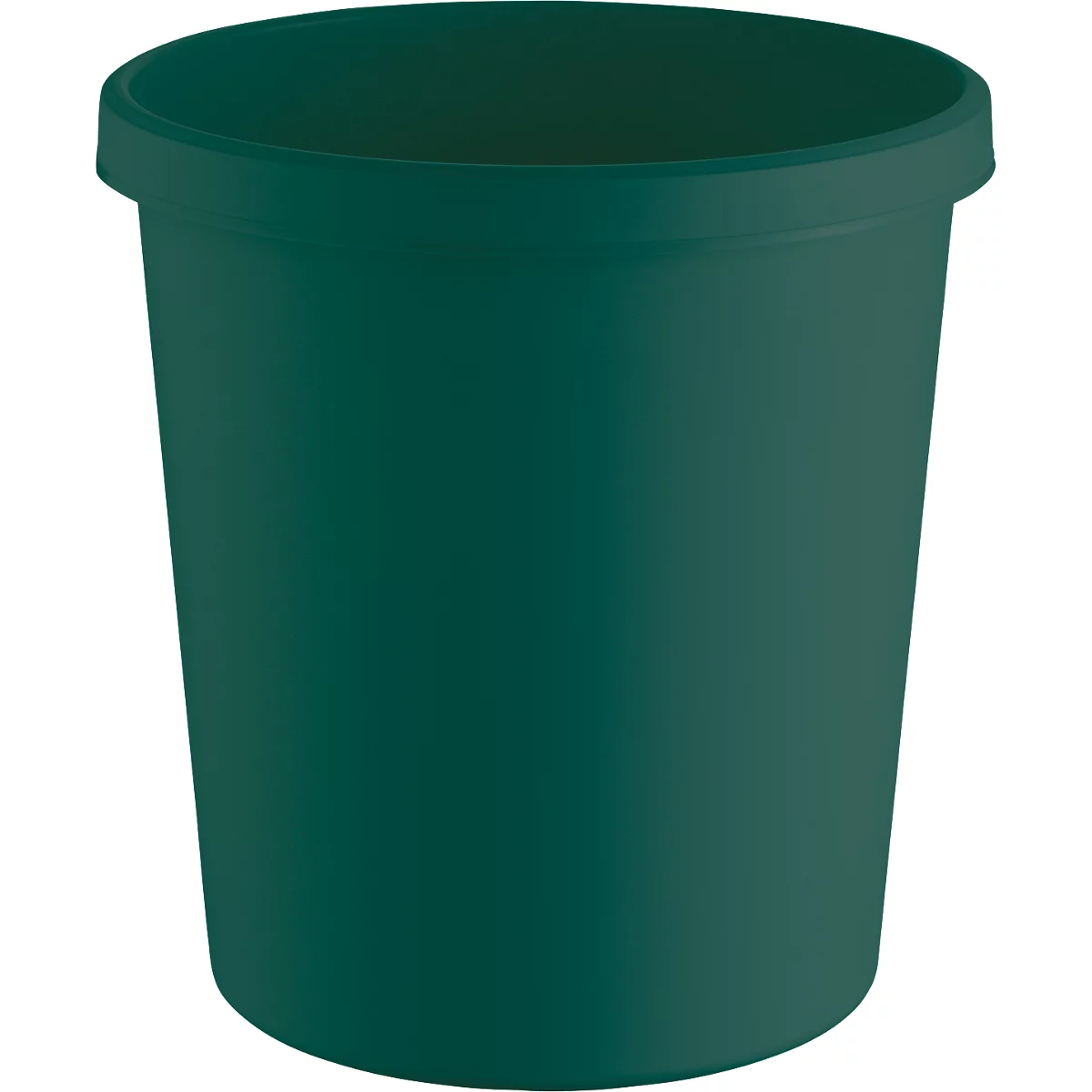 A green trash can with a slightly overhanging rim. The bucket has a cylindrical shape.