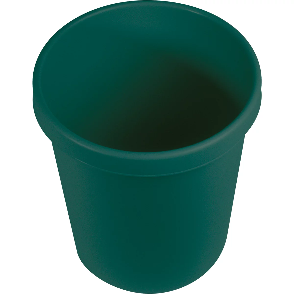 Green trash can. Cylindrical shape with a wide rim.