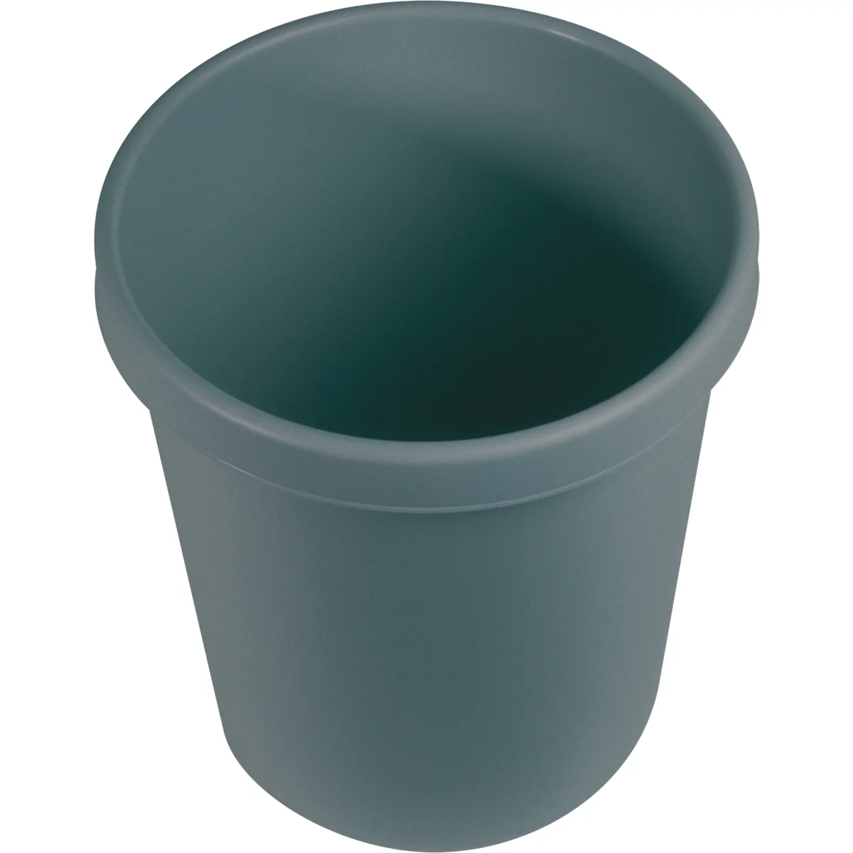A gray plastic trash can, photographed slightly from above.