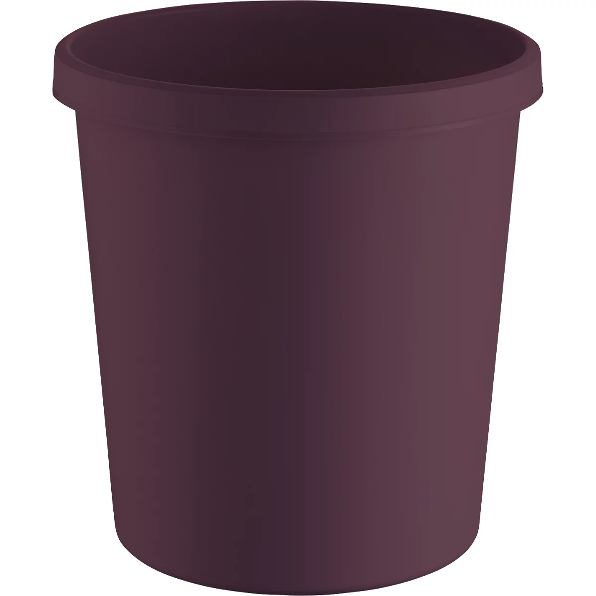 Dark purple, cylindrical trash can. The upper rim is slightly flared outwards.