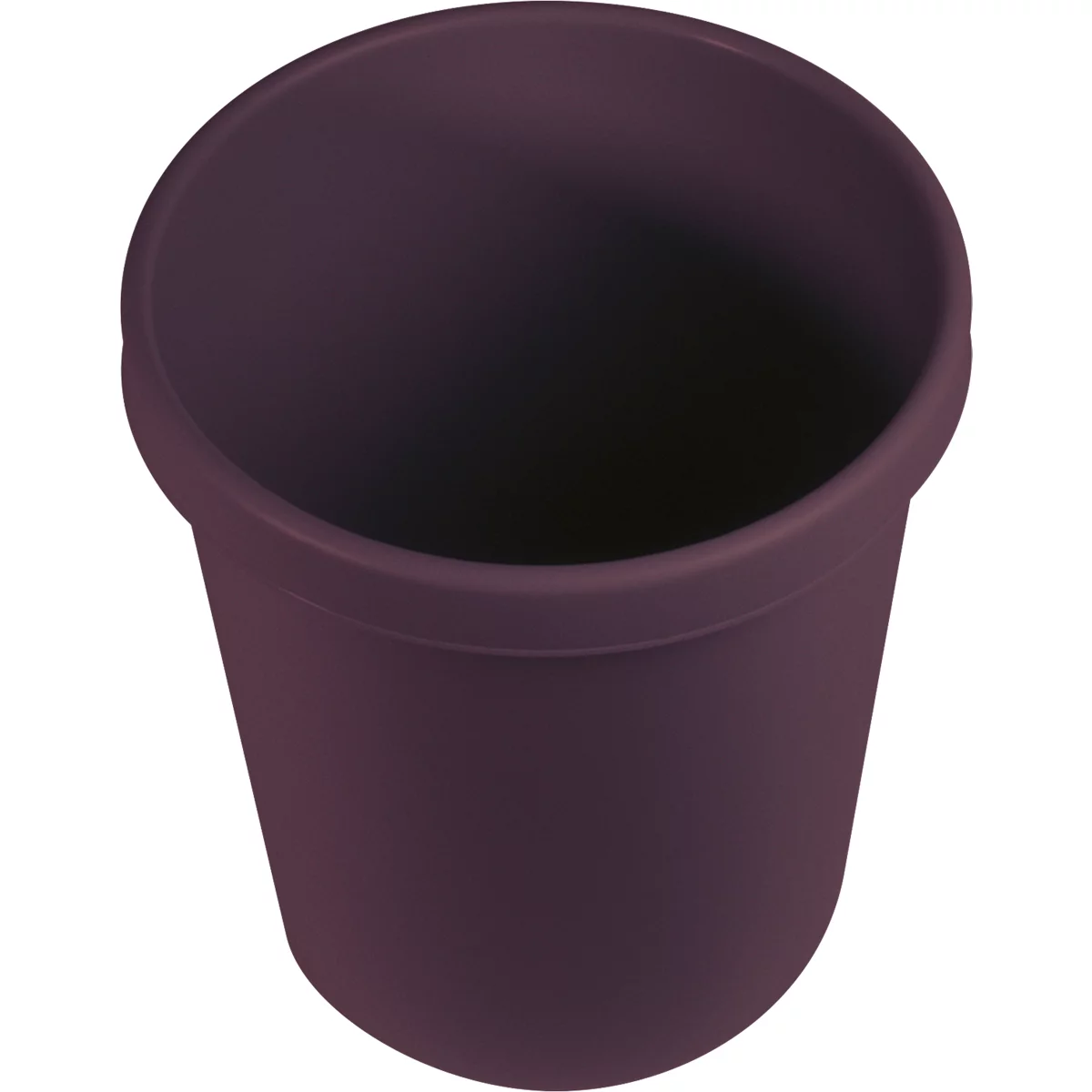 Dark purple waste bin, seen slightly from above.