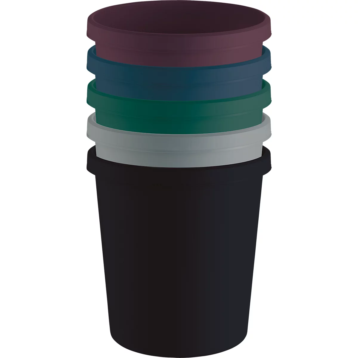 A stack of five buckets of different colors, ranging from black to dark red.