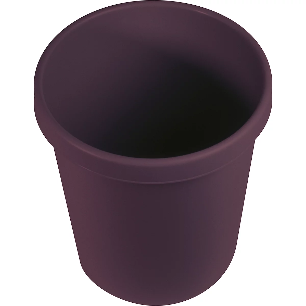 Dark purple trash can, empty, photographed from above.