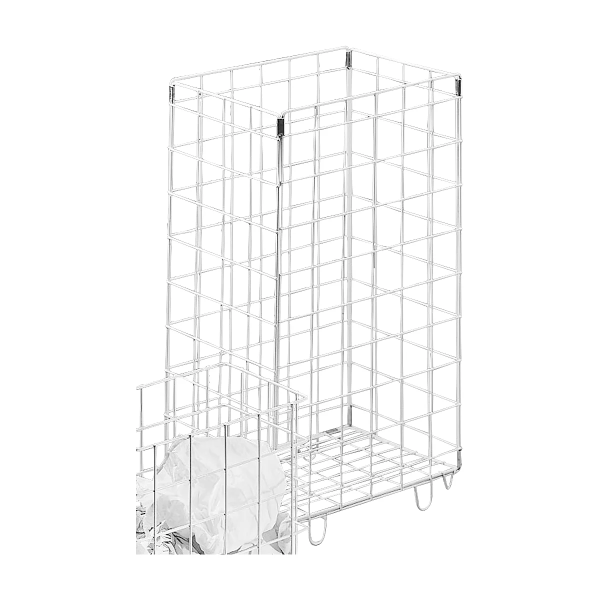 White metal trash bag stand, consisting of a high and a lower compartment.