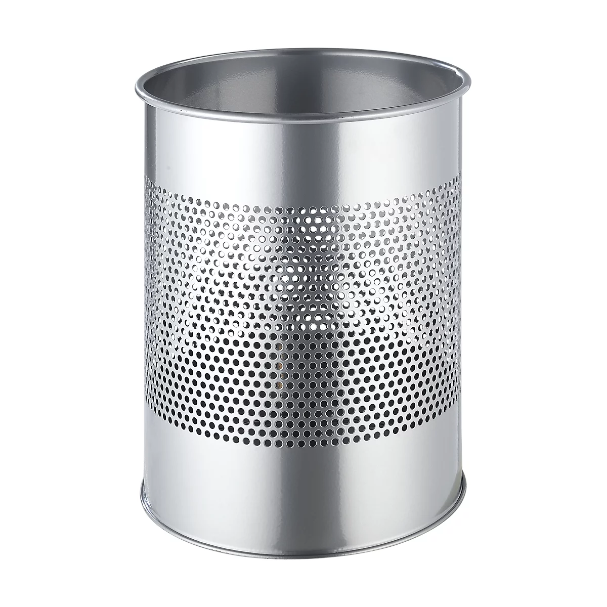 Silver trash can with a perforated pattern, cylindrical shape. Smooth top and bottom, many small holes in between.
