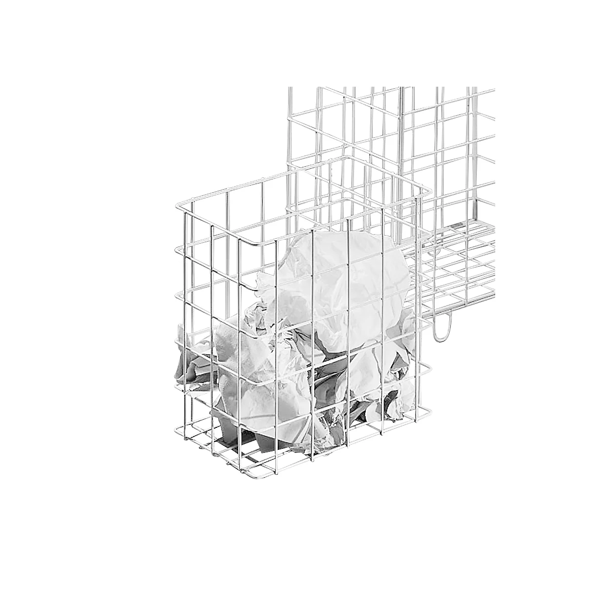 A white wire basket filled with crumpled paper, against a white background.