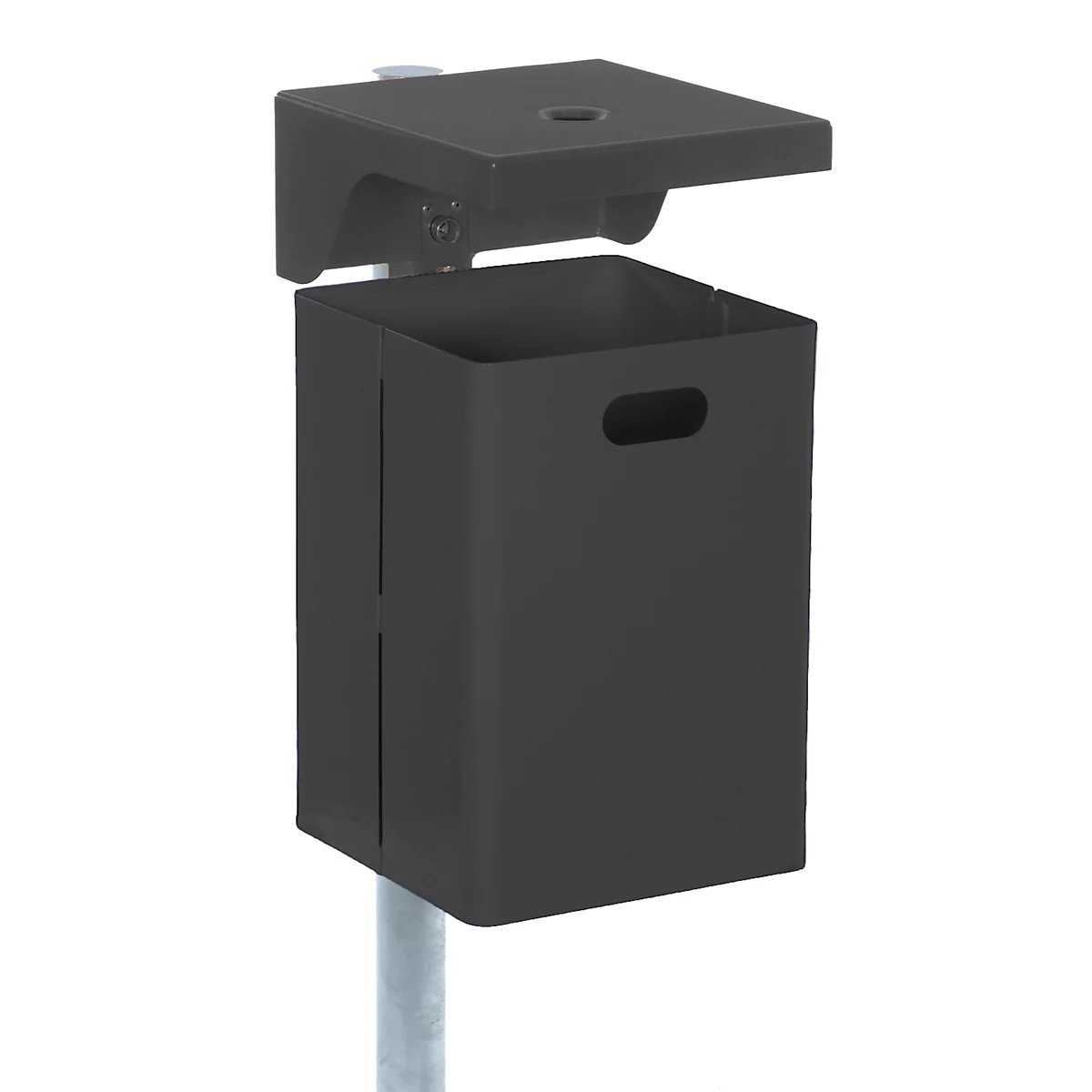 Black trash can on metal post, lid slightly open, handle on the side.