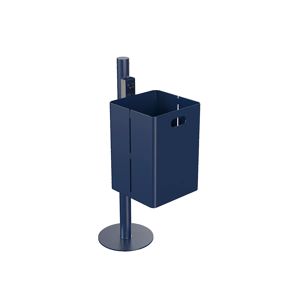 Blue trash can design, with handle openings, round base, and mounting.