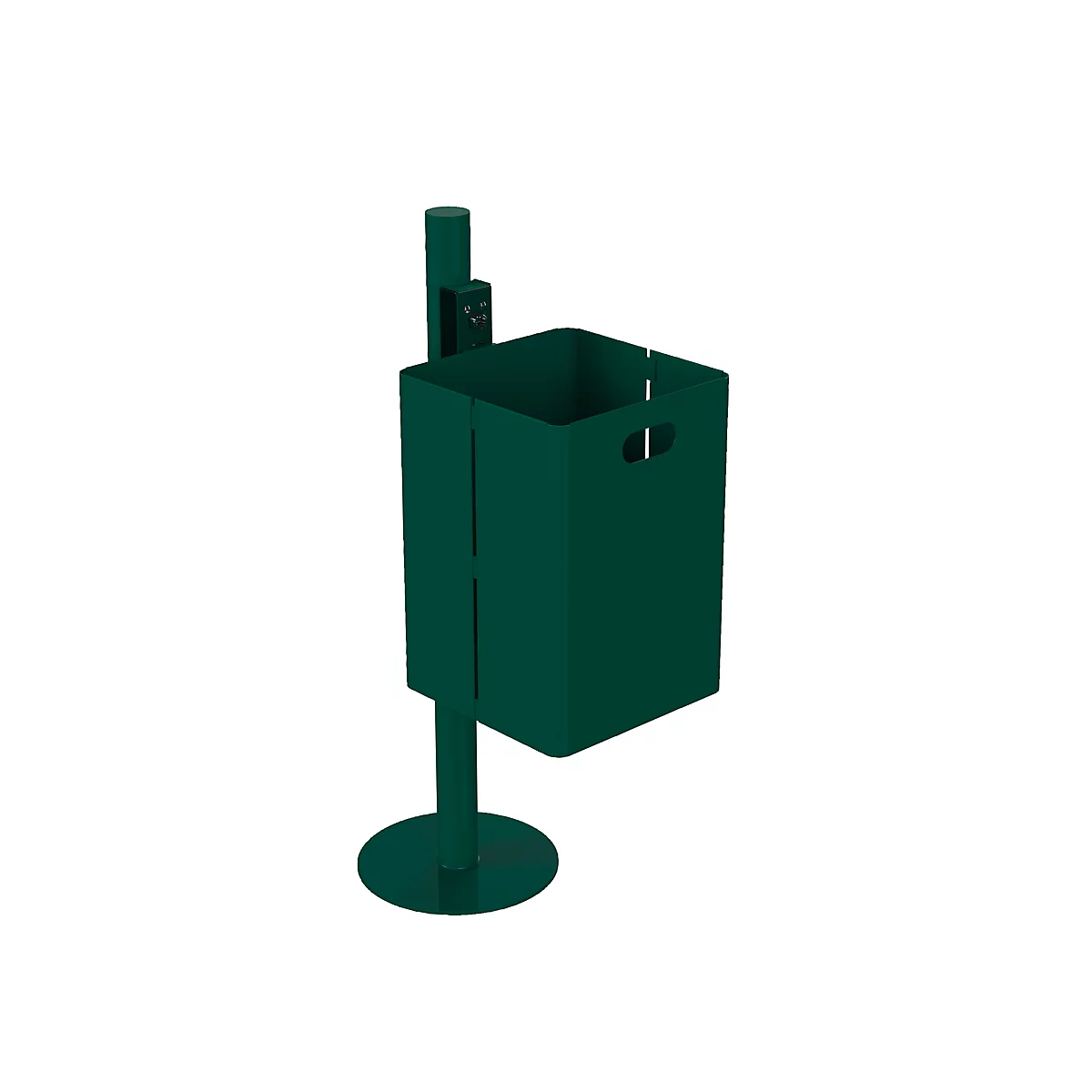 Green waste bin with stand. Upright, angular bin with handles, above a circular base.