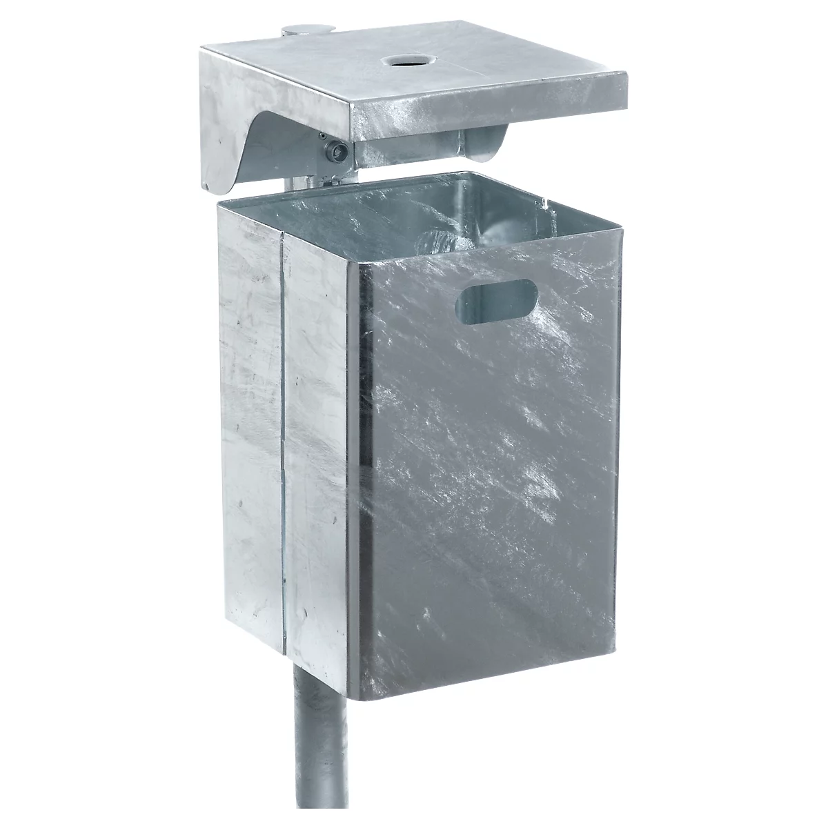 Metal trash can, square shape with lid and handle. For mounting on a pole.