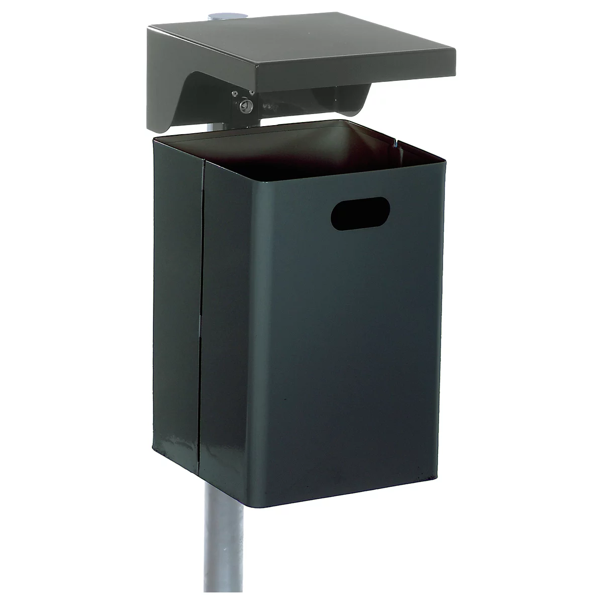 Dark gray trash can on a pole with a raised lid. A handle is cut out on the side.