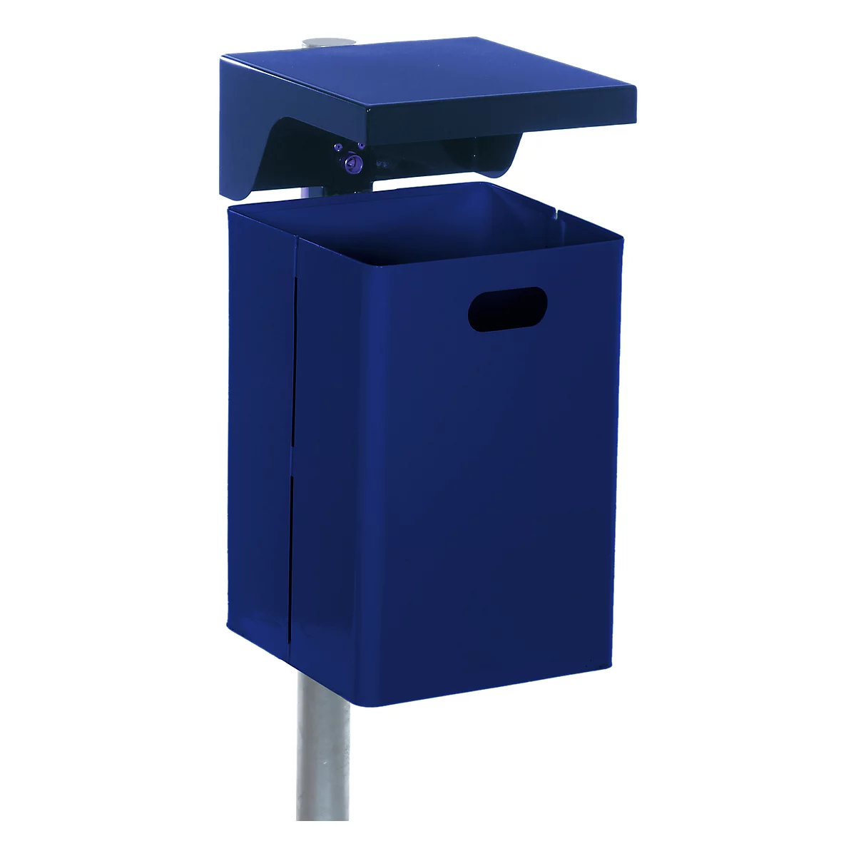 Dark blue trash can with lid and opening. Attached to a silver pole, with handle hole.