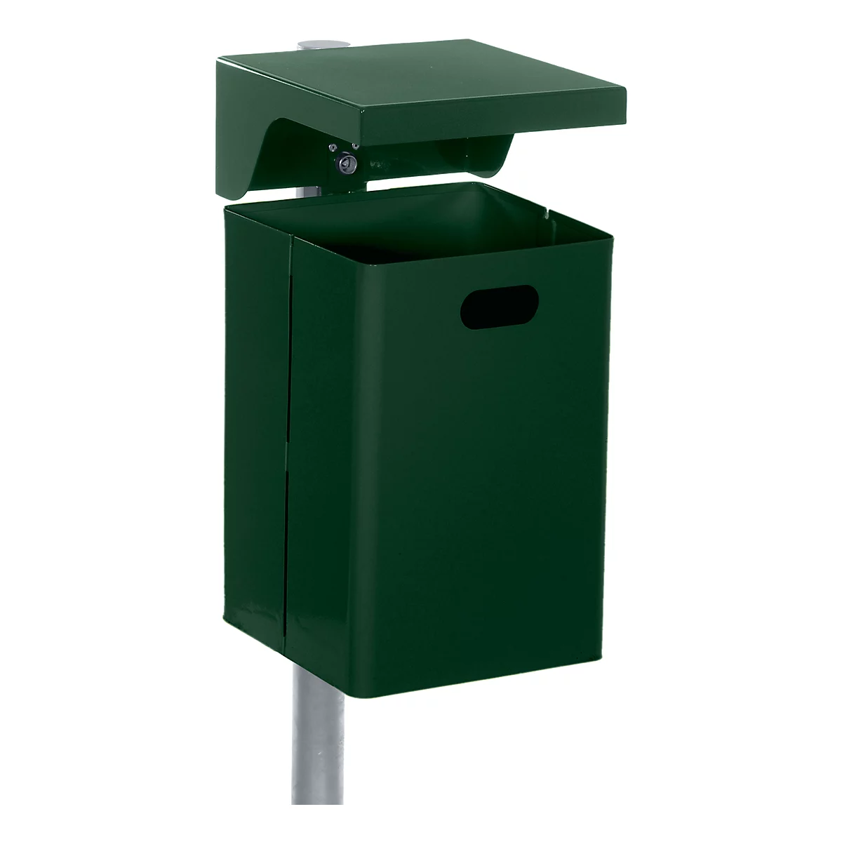 Green trash bin with opening lid, mounted on a metal pole.