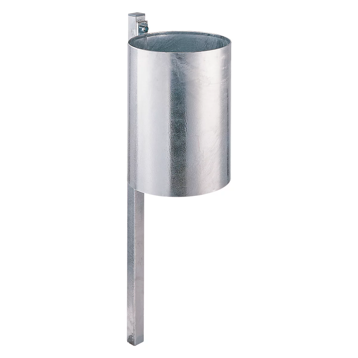 Metal waste bin. Cylindrical body on a square post.