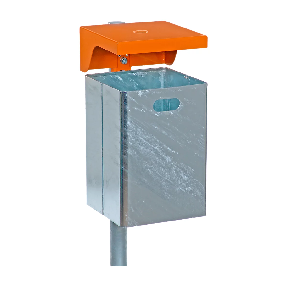 Gray trash can with orange lid and bracket, against a white background.