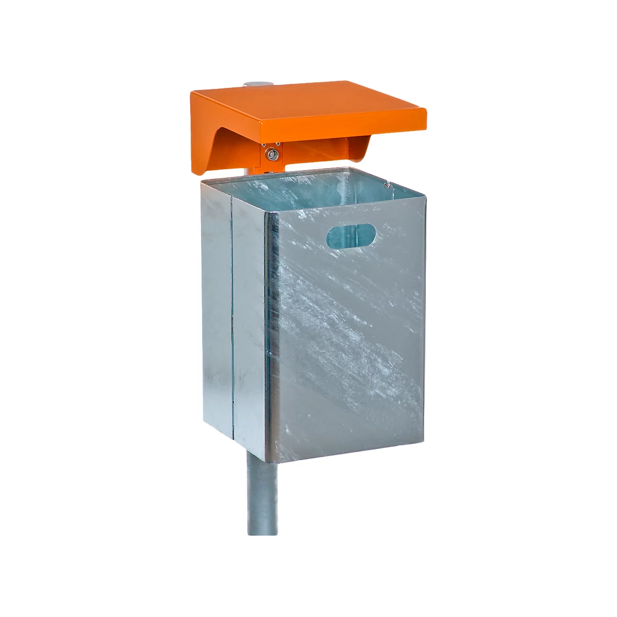 Gray metal trash can with orange roof, attached to a gray pole.