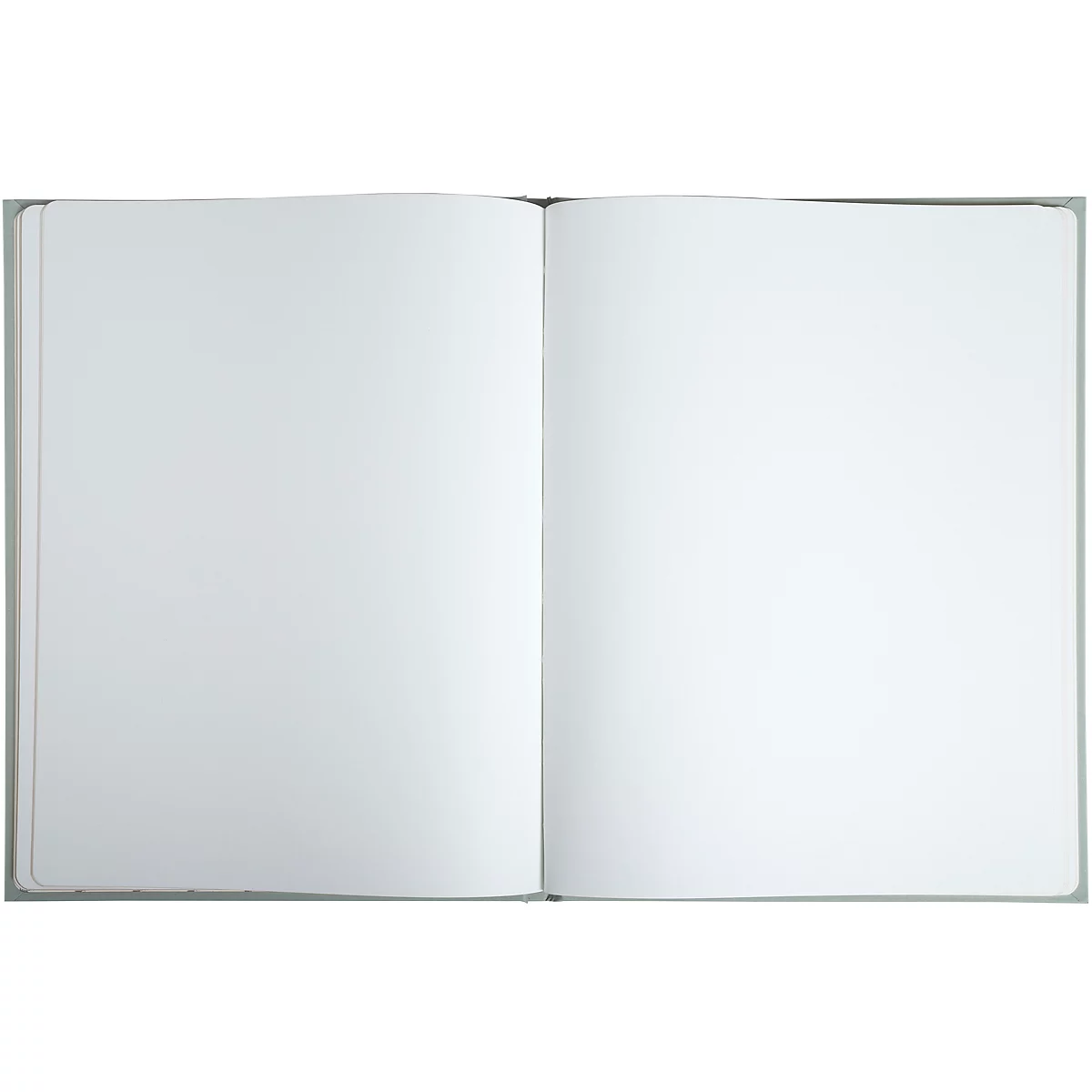 Carnet ouvert avec des pages blanches et vierges. Le dos est gris.