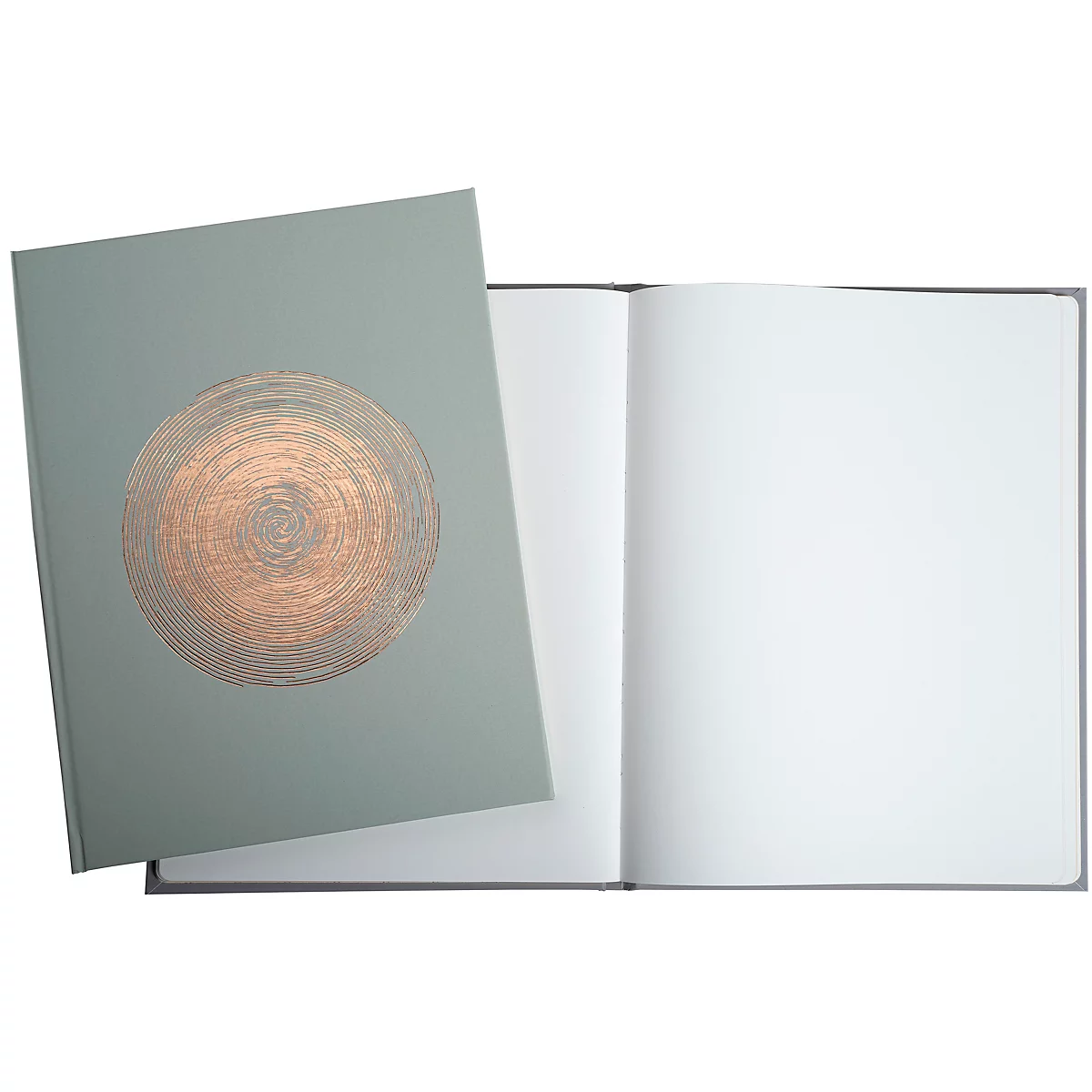 Carnet gris clair avec motif circulaire cuivré. Double page ouverte avec des pages blanches.