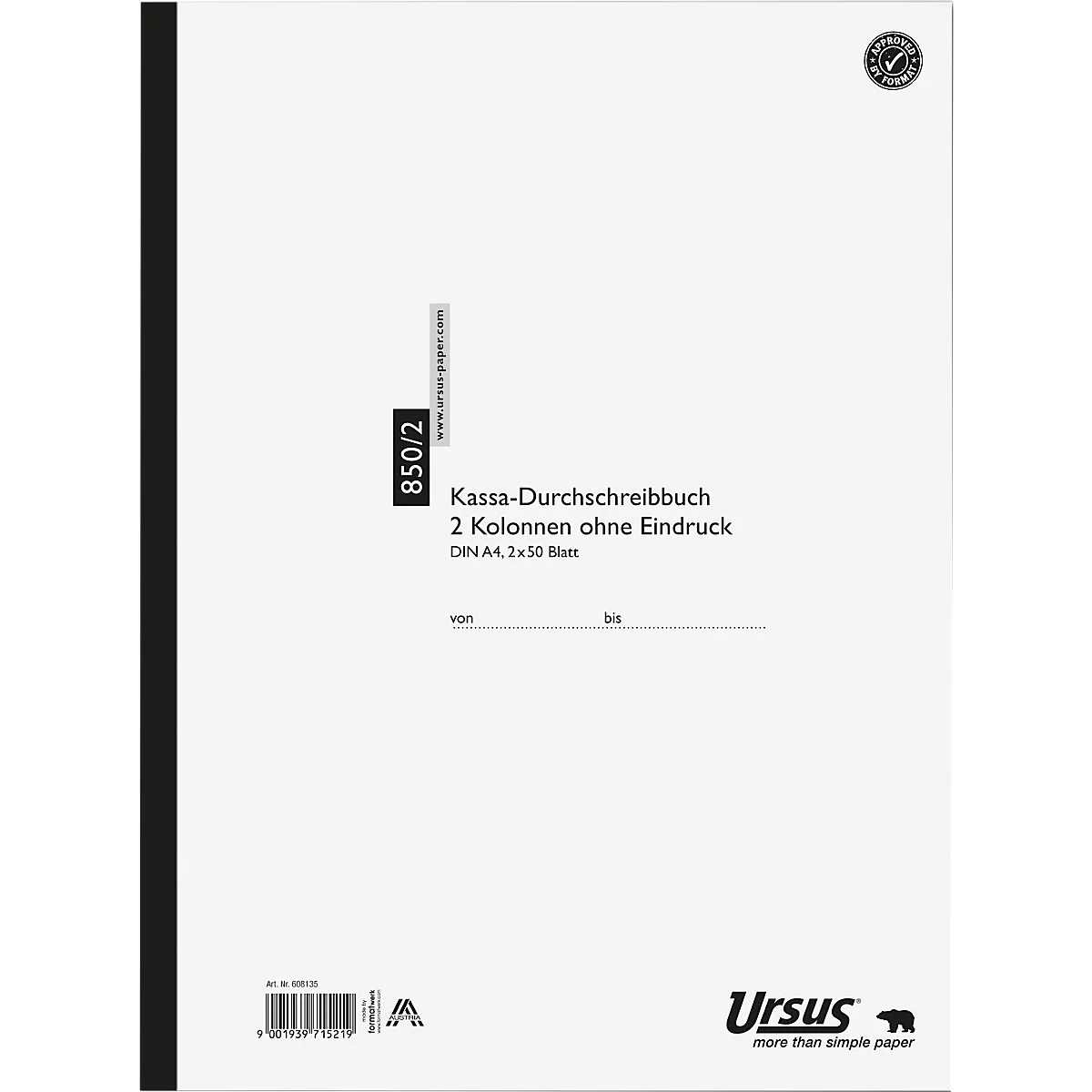 Un livre de duplicata de reçu blanc avec une bordure noire. Texte : livre de duplicata de reçu, 2 colonnes sans impression, Ursus.