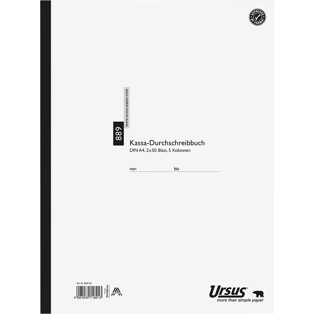 Un livre de caisse blanc avec une reliure noire et le texte: Kassa-Durchschreibbuch. Logo Ursus en bas à droite.