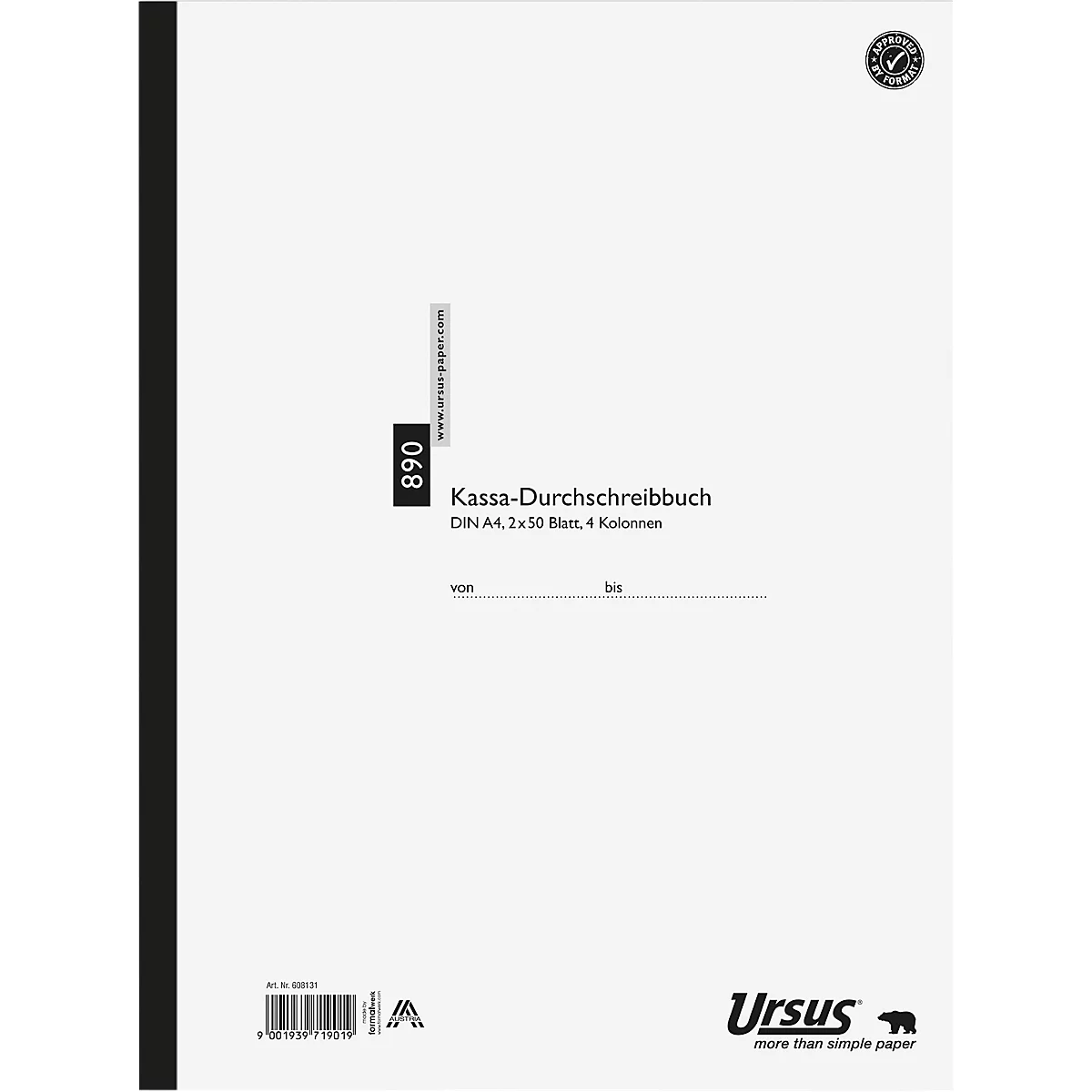Un cahier de caisse blanc avec une reliure noire. Texte : Cahier de caisse, DIN A4, 2x50 feuilles, 4 colonnes. Marque : Ursus.