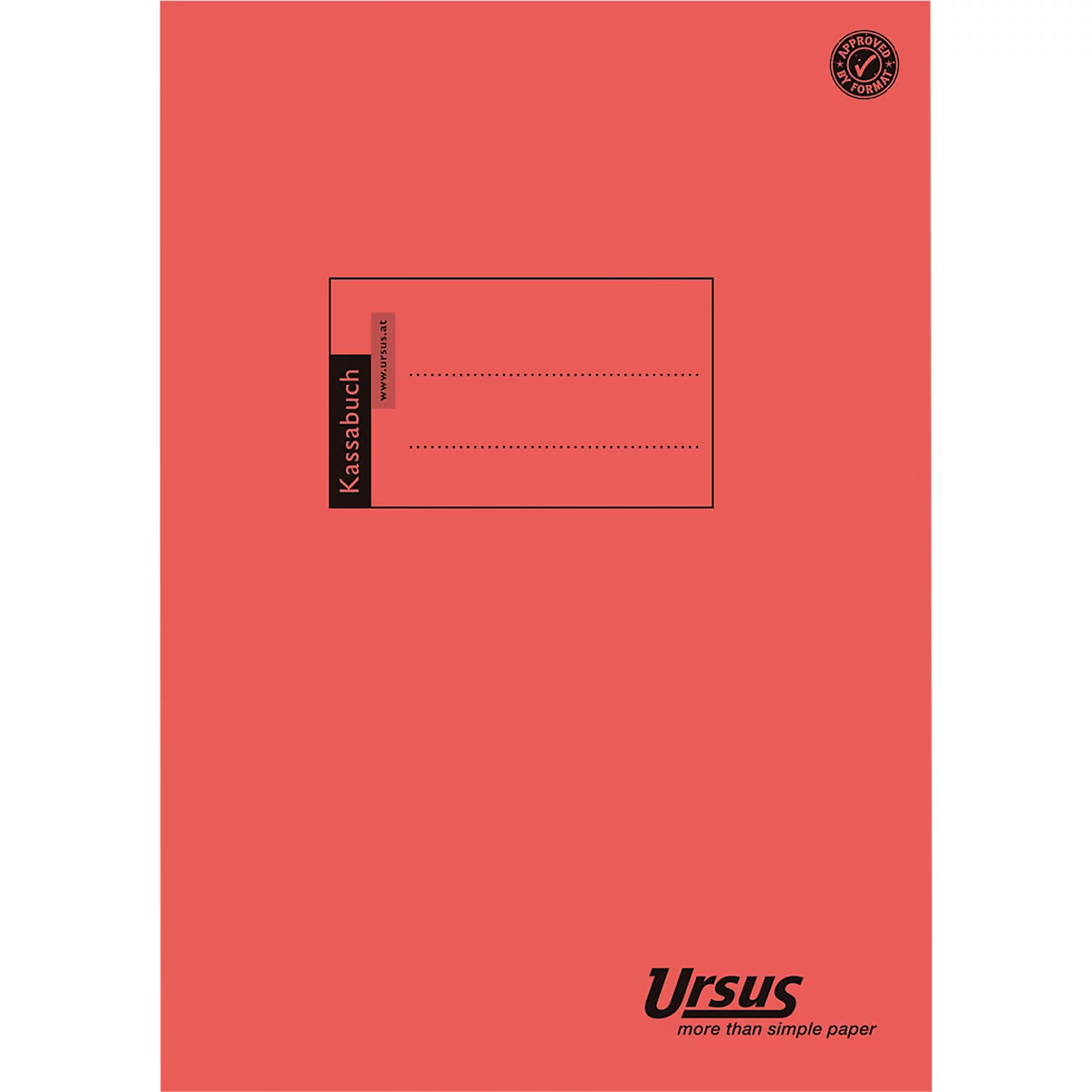 Cahier de caisse rouge avec une case noire pour le nom et un logo.