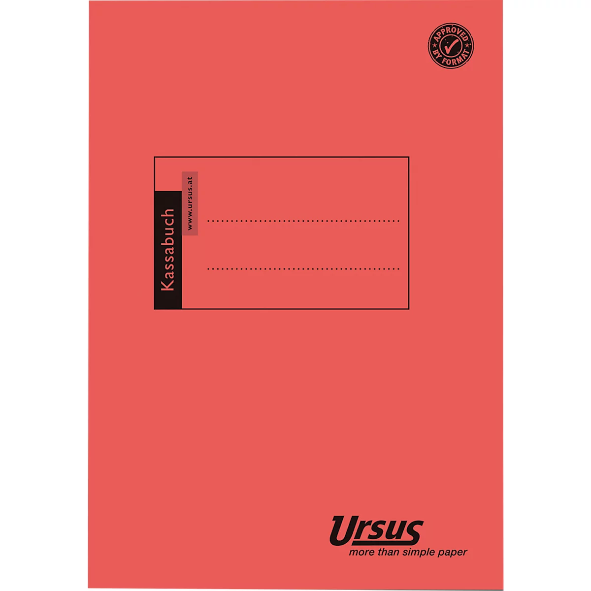 Cahier de caisse rouge avec encadré noir et logo Ursus. Le texte est "Kassabuch".