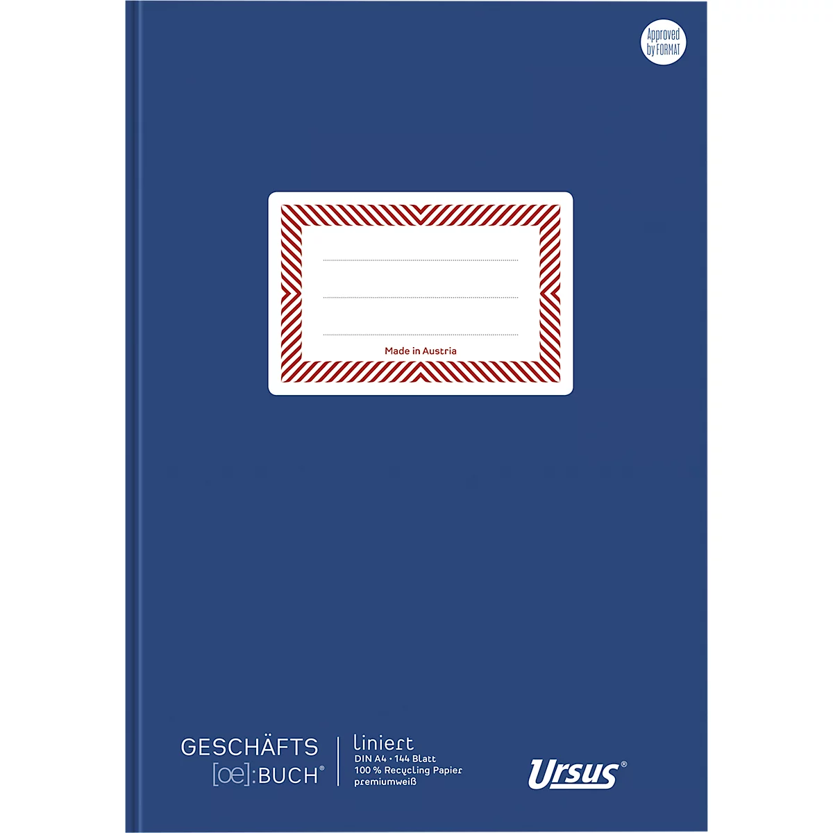 Carnet bleu avec cadre rouge et lettrage. Comprend le logo Ursus et le texte : Carnet de notes, ligné, 100 % papier recyclé.