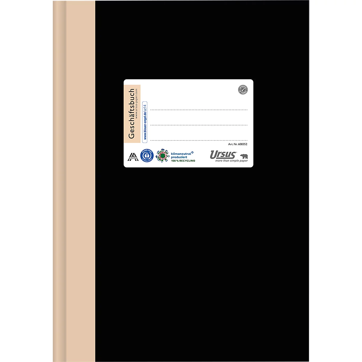 Cahier noir avec une étiquette blanche. Inscription : Geschäftsbuch. Logo et nom de l'entreprise.