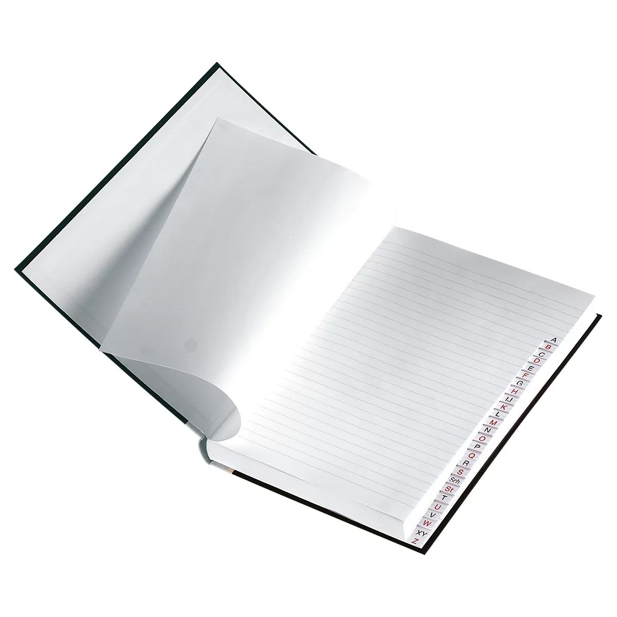 Cahier ouvert avec une couverture noire. Une page est tournée, les lignes sont clairement visibles.